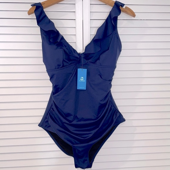 Cupshe One Piece Swimsuit NWT Large Tummy Control Royal Blue Ruffled - Picture 1 of 13